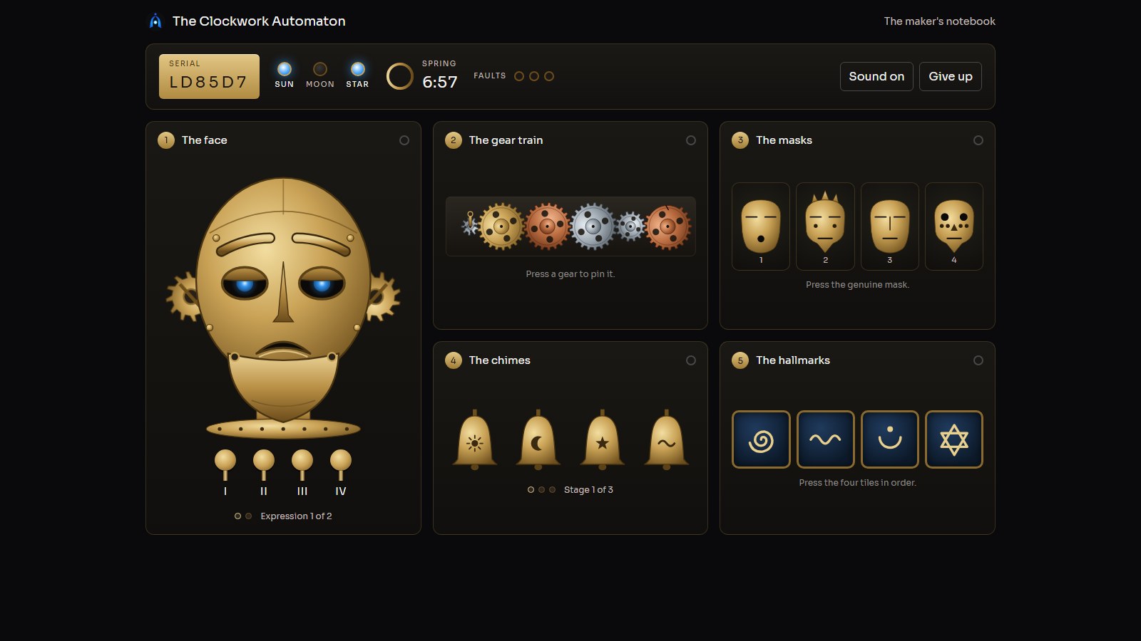 The full game: the automaton's face, a gear train, four masks, four bells and four hallmark tiles, with the serial plate, lamps and spring dial above