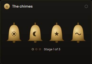 Four brass bells engraved with a sun, a moon, a star and a wave