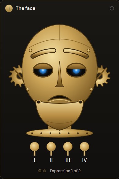 The automaton's brass face with brows drawn together and the mouth corners turned down
