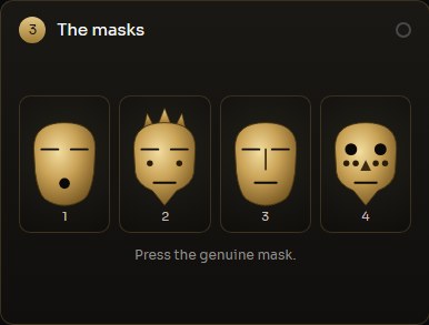 Four brass masks that differ in crown spikes, eye shape, nose, mouth, cheek dots and chin