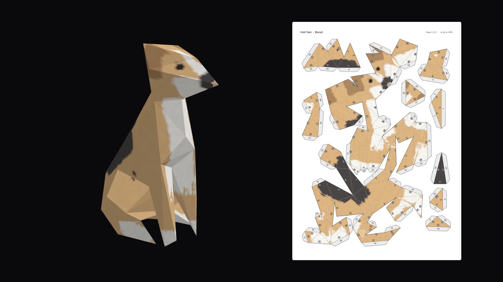 A low-poly paper model of a tan, white and black dog beside the printed A4 page of its numbered, textured parts
