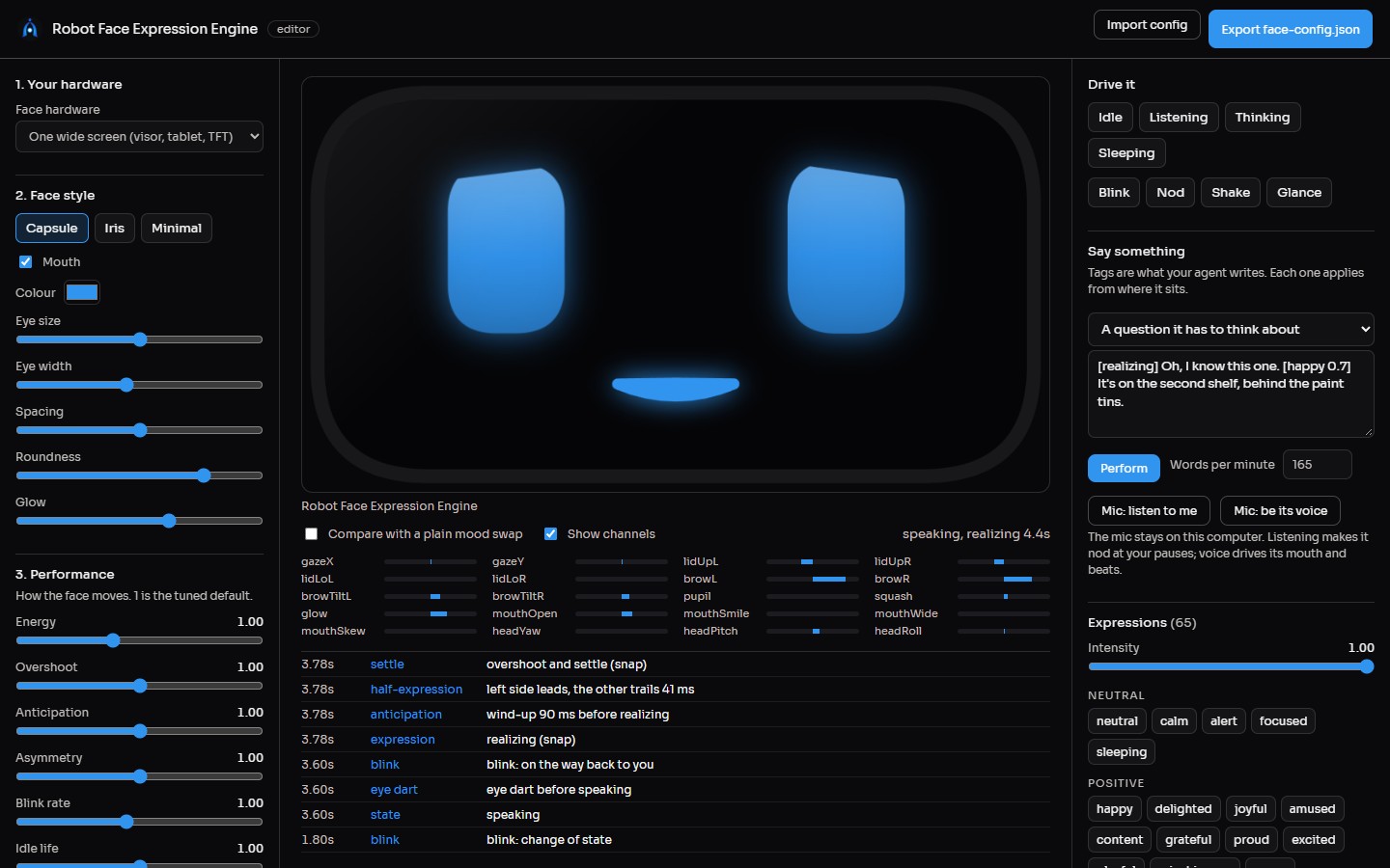 The editor: hardware and style settings on the left, a live robot face in the centre with a log of animation decisions, expression buttons on the right