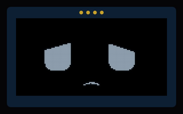 A 128 by 64 monochrome OLED showing pixel eyes in a sad expression