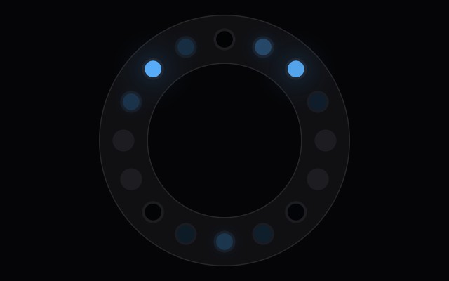 A 16-LED ring lit in blue showing two eye arcs and a mouth arc