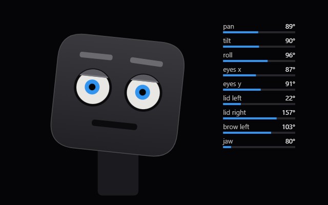 Preview of a servo head with lids and brows next to a list of servo angles in degrees