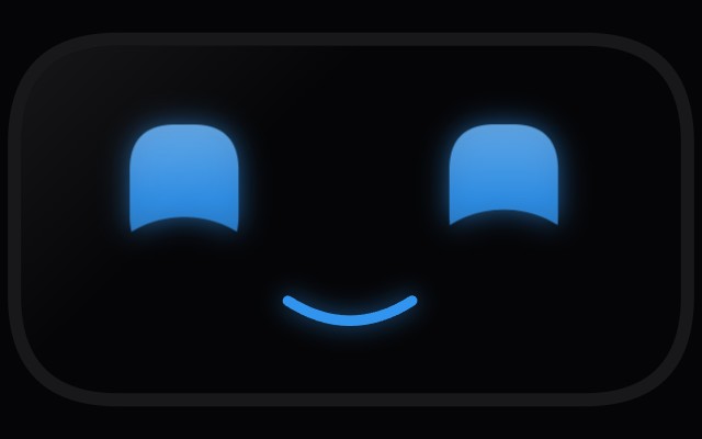 Capsule-style glowing eyes and mouth on a wide visor screen, smiling
