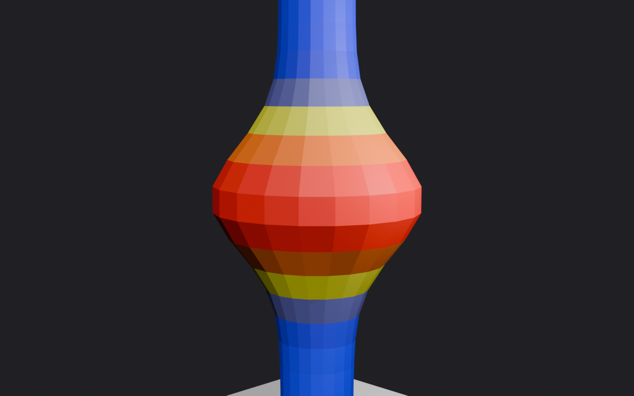 Deformation strain heatmap on a bending test mesh, blue for low strain, red for high strain at the flex zone